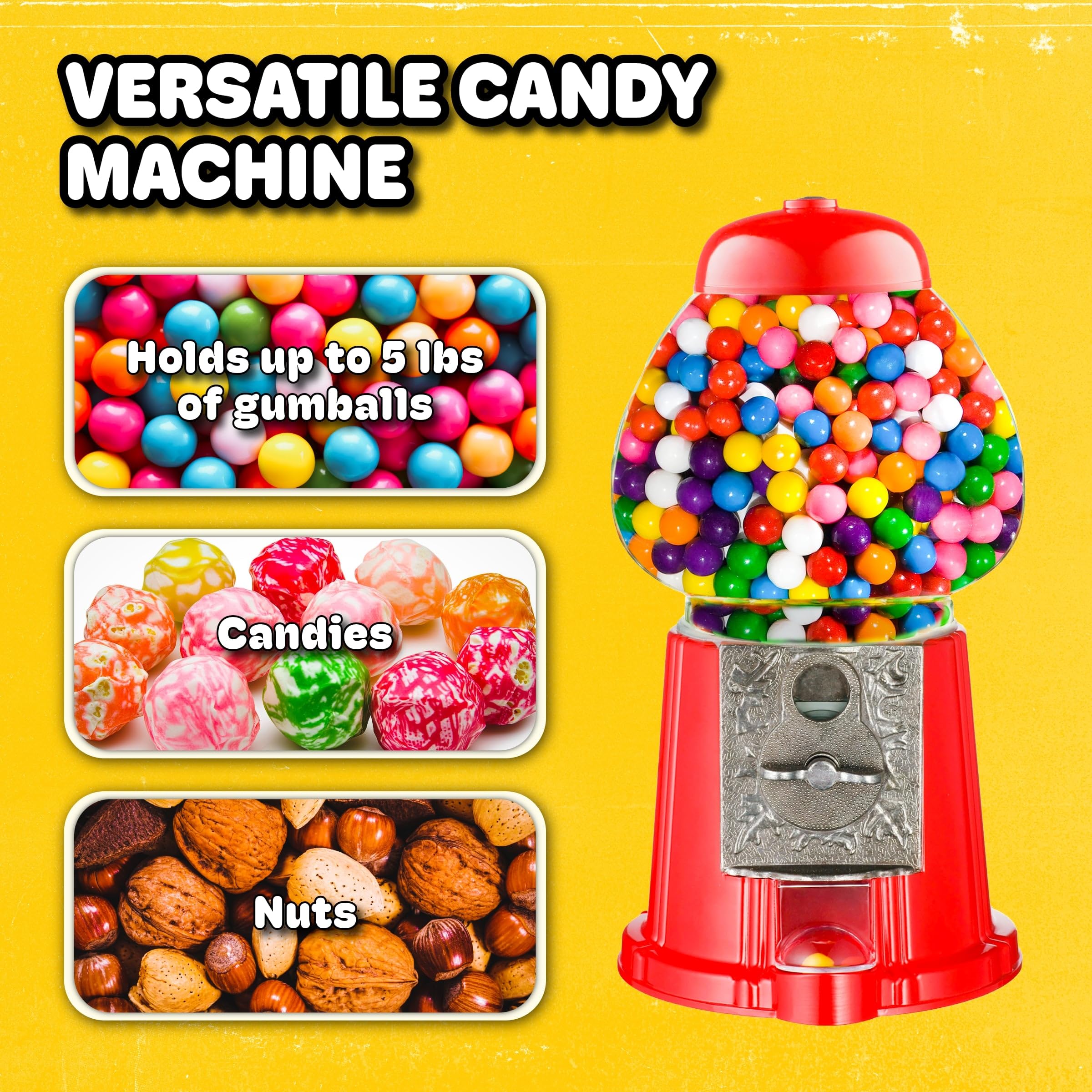 Vintage Gumball Machine - 11-Inch Retro-Style, Coin-Operated Cast Metal Vending Machine with Glass Globe and Free Spin by Great Northern Popcorn (Red)