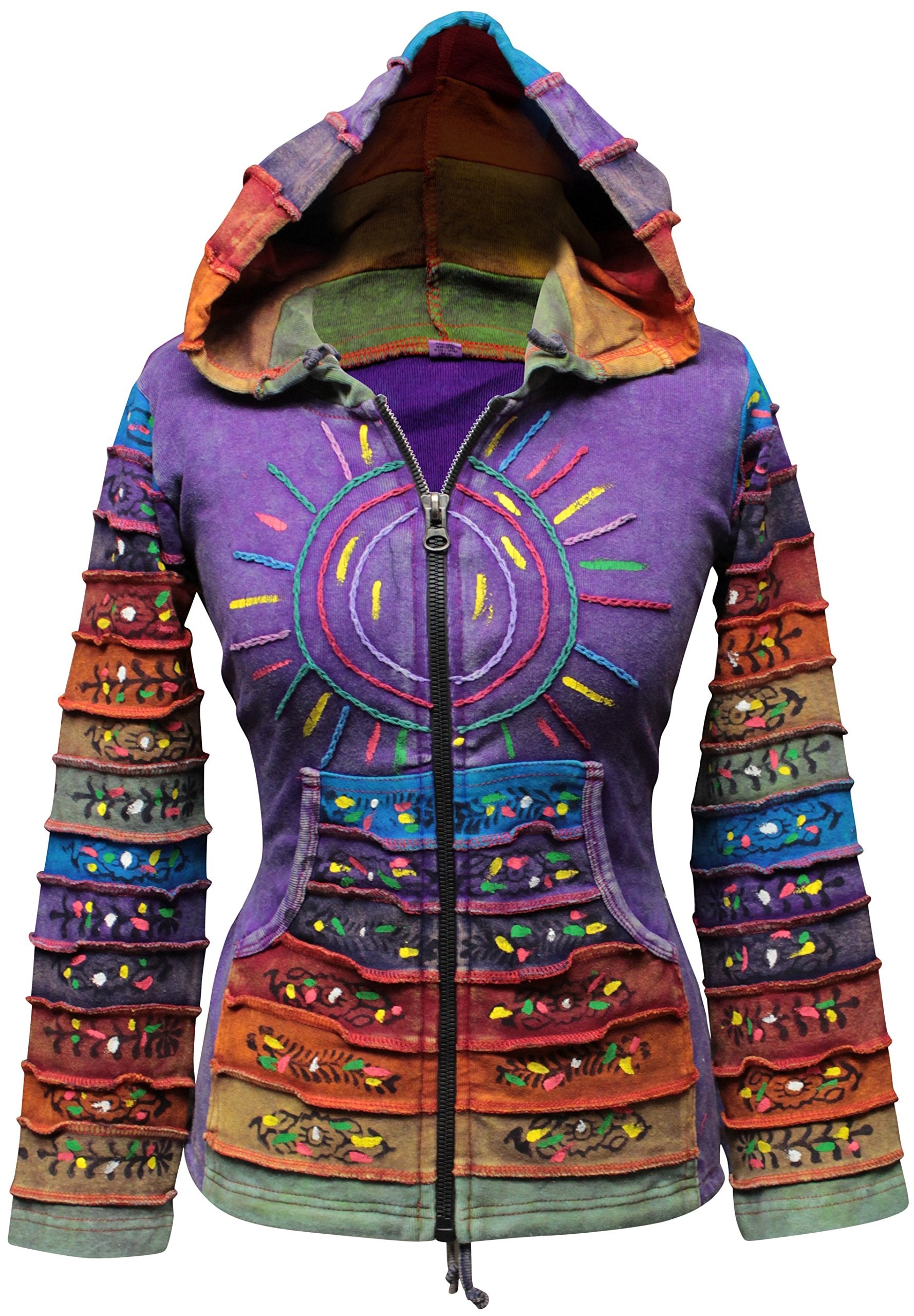 Shopoholic Fashion Women's Full Sleeve Gothic Sun Patchwork Faded Pixie Cotton Hippy Rib Hoodie