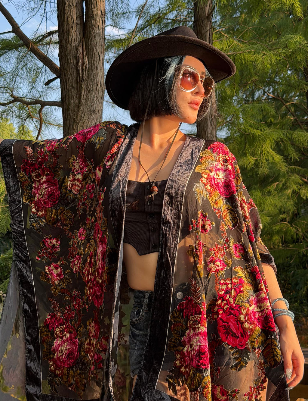 Women's Burnout Velvet Kimono Long Cardigan Cover Up Casual Outfit