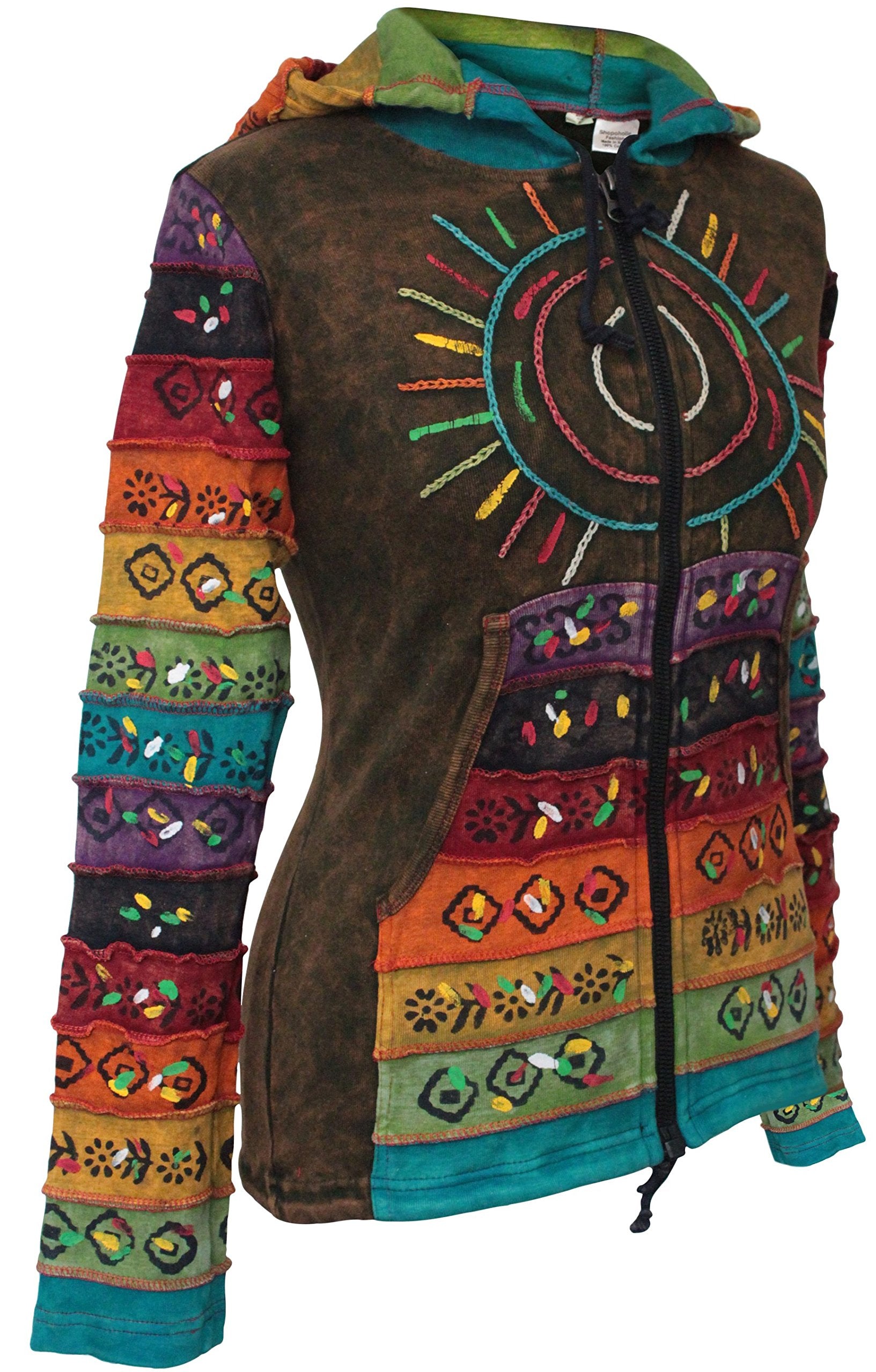 Shopoholic Fashion Women's Full Sleeve Gothic Sun Patchwork Faded Pixie Cotton Hippy Rib Hoodie