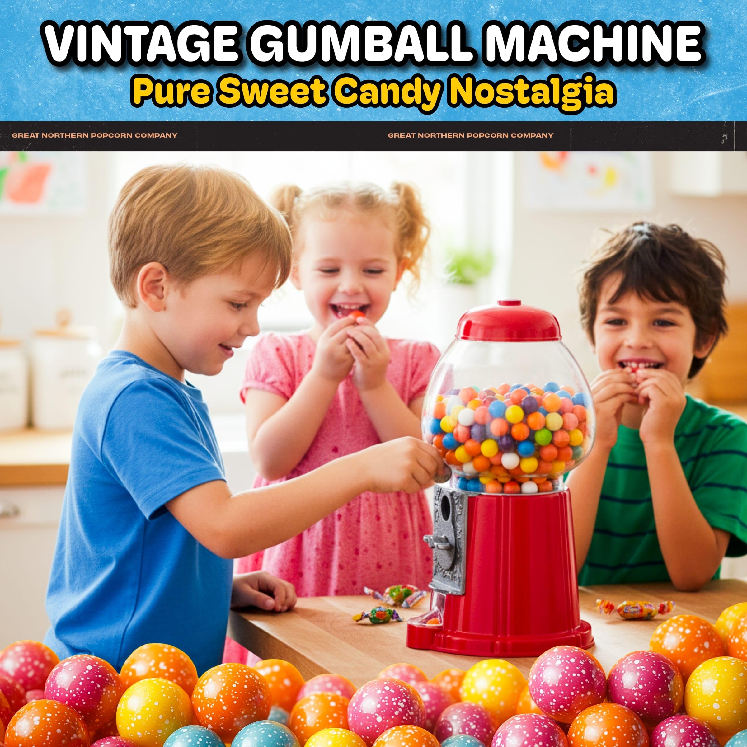 Vintage Gumball Machine - 11-Inch Retro-Style, Coin-Operated Cast Metal Vending Machine with Glass Globe and Free Spin by Great Northern Popcorn (Red)