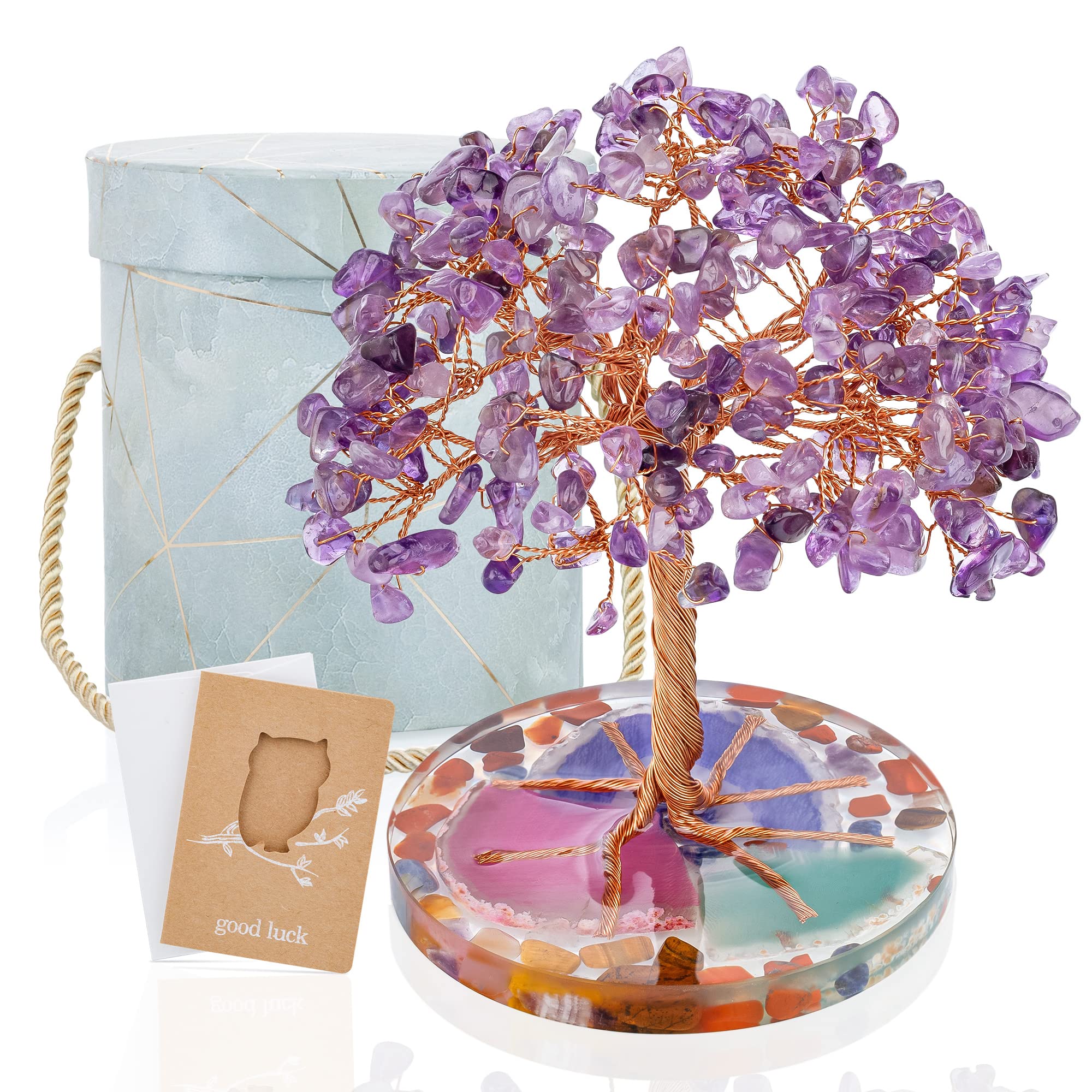 ZenBless 7 Chakra Healing Crystals Stones Tree, Amethyst, Pink Crystal, Aquamarine Leaf Wire Wrapped on Natural Agate Slice Base, Home Office Desk Living Room Feng Shui Decoration for Luck