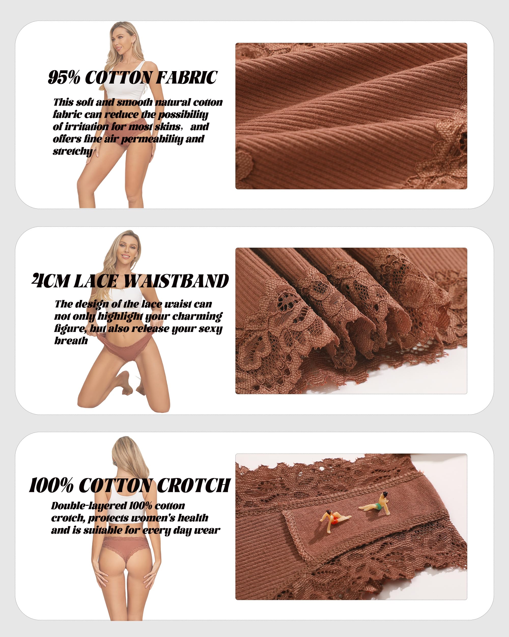 Sth Big Womens Cotton Underwear Sexy Lace Brazilian Panties Soft Breathable Cotton Bikini for Ladies 6 Pack