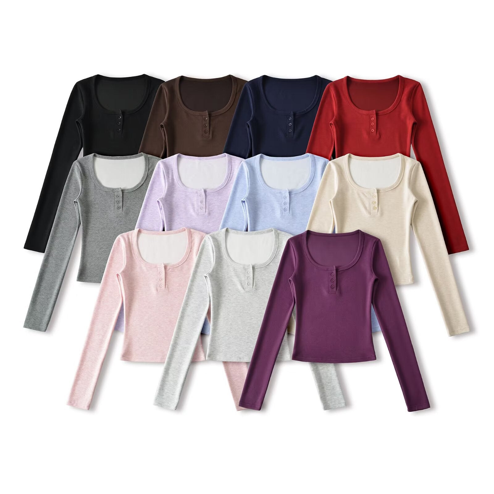 Round neck single breasted slim fit long sleeved T-shirt